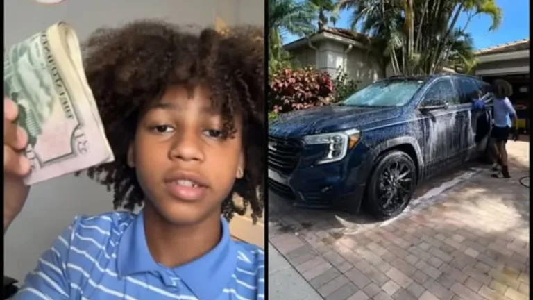 14-year-old entrepreneur holding cash and washing a car as part of his summer detailing business