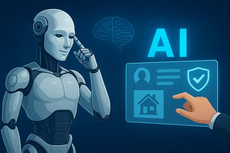 Humanoid AI chatbot interacting with real estate dashboard in a futuristic dark blue office background