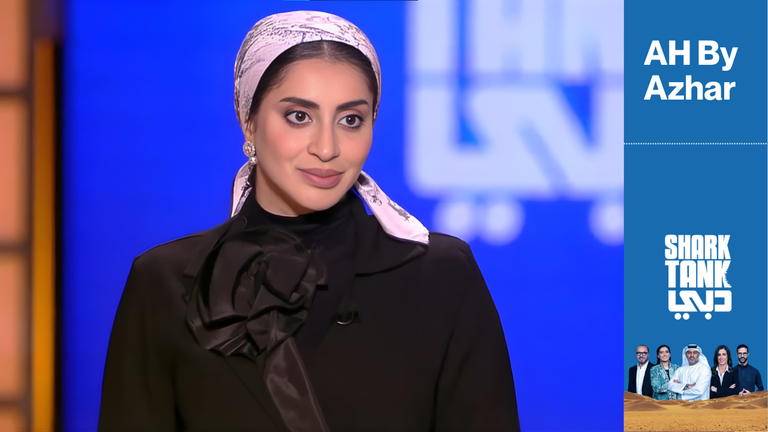 Azhara Hubail of AH by Azhara presenting her beauty brand during her Shark Tank Dubai pitch.