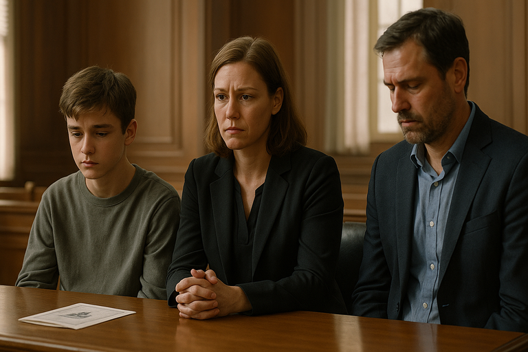 Mother and teenage son sit in a courtroom beside a solemn father during a tense custody hearing.