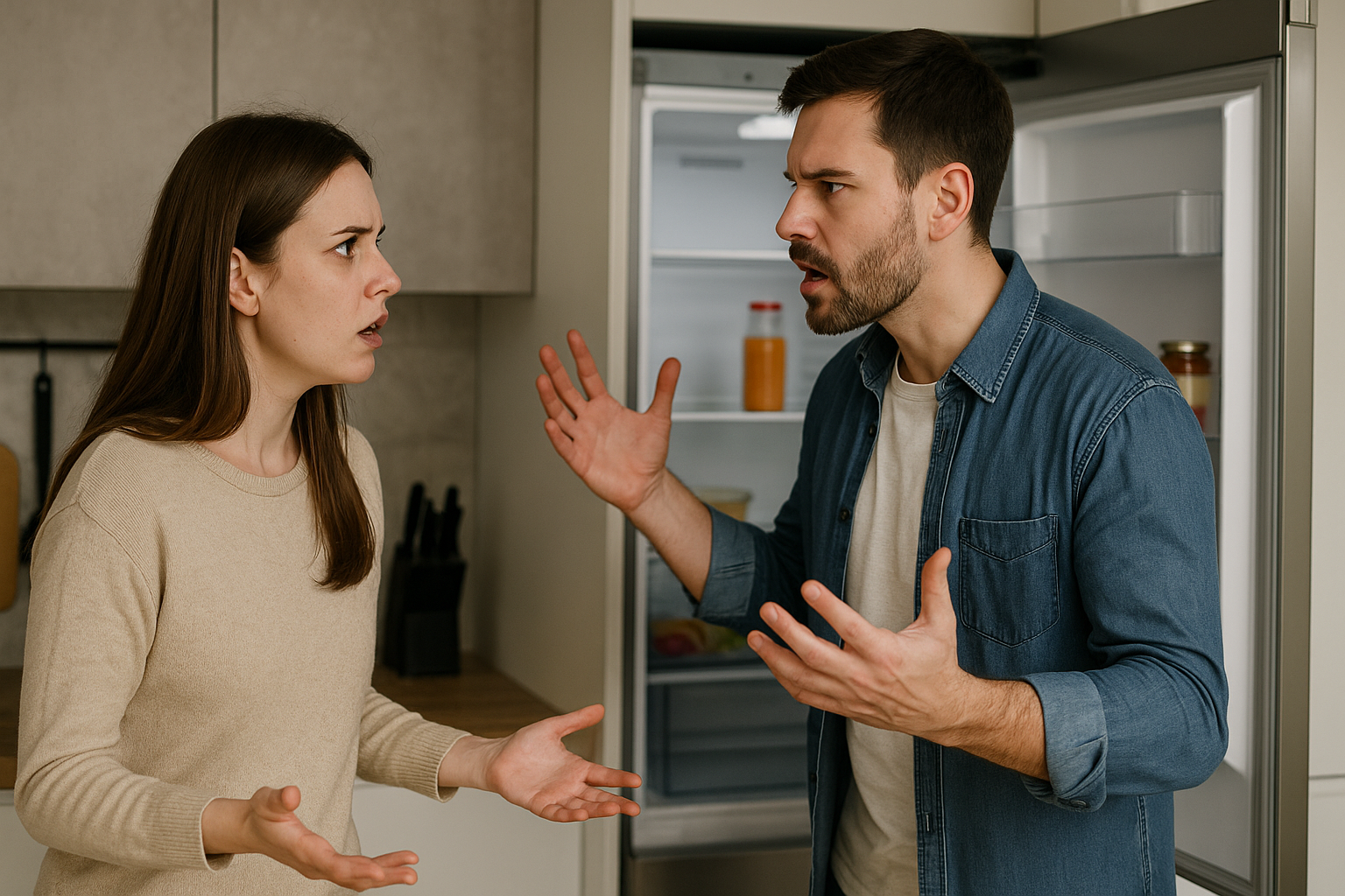 Couple arguing in kitchen over empty fridge