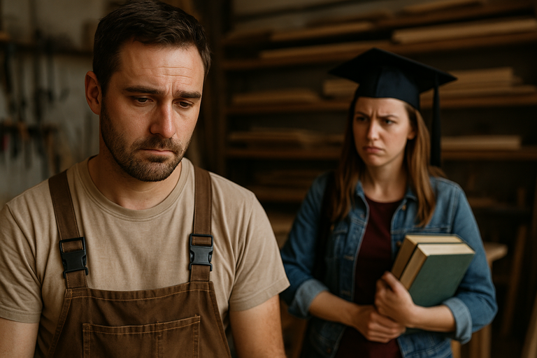 Carpenter upset after girlfriend mocks his job in workshop.