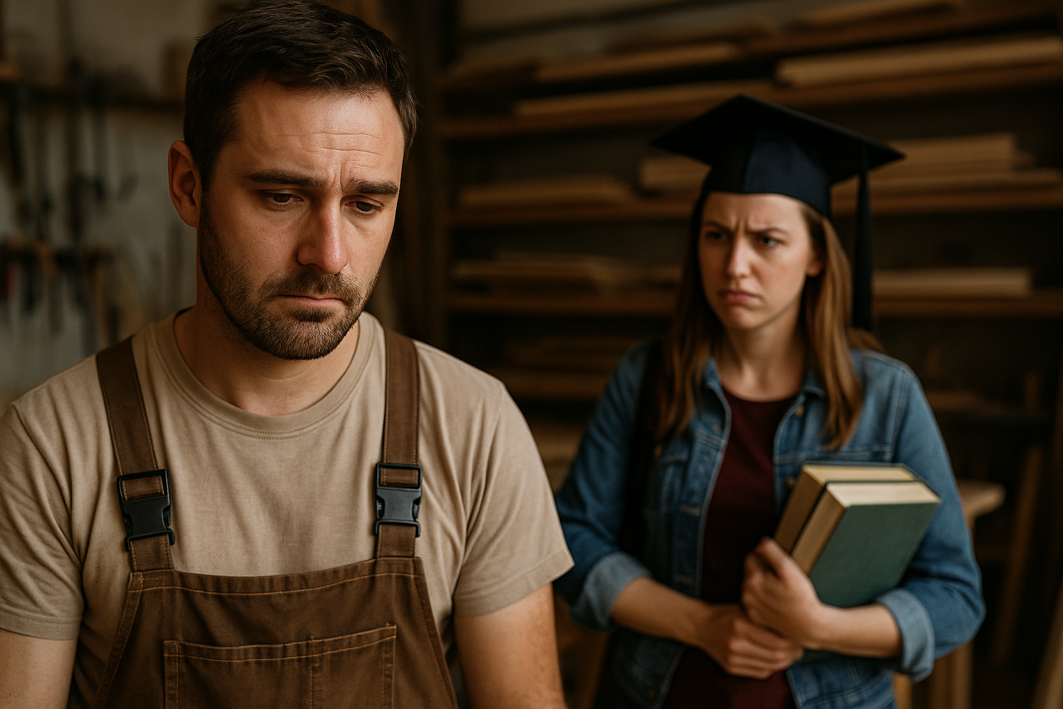 Carpenter upset after girlfriend mocks his job in workshop.