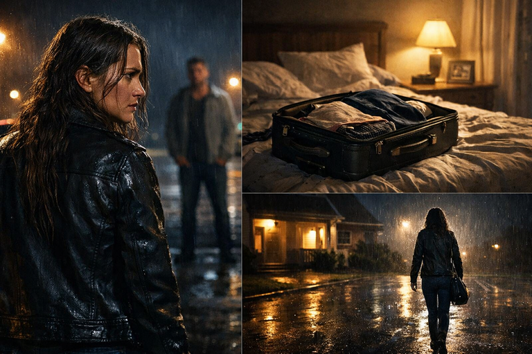 Heartbroken woman walking away at night with a suitcase after a painful breakup.