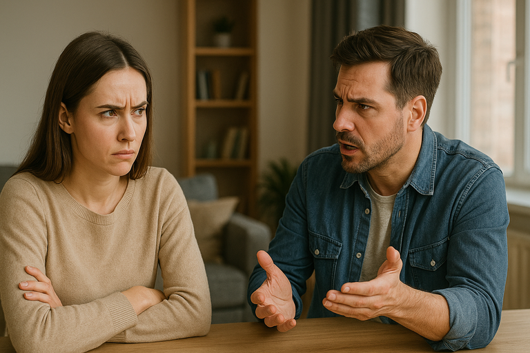 Two siblings arguing in a living room.