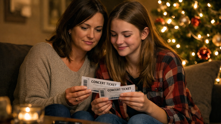 Mother and daughter holding concert tickets together during Christmas at home