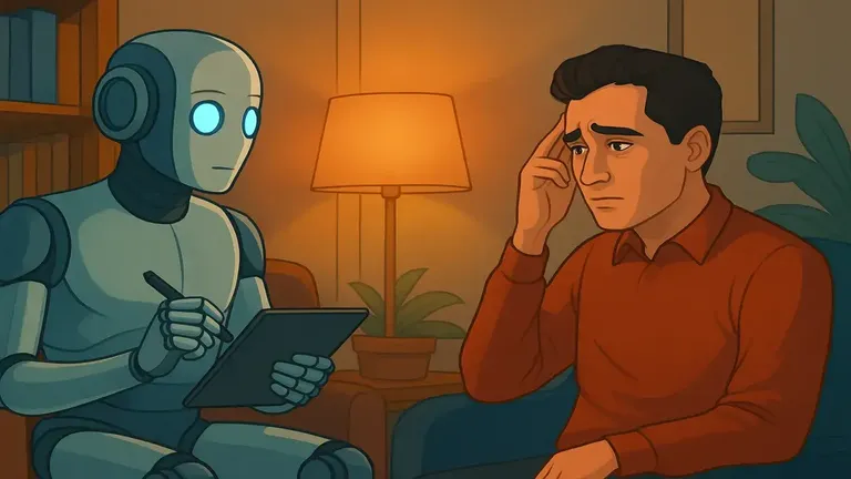An AI robot attentively listening to a human man in a calm therapy room, representing AI surpassing humans in emotional intelligence tests.
