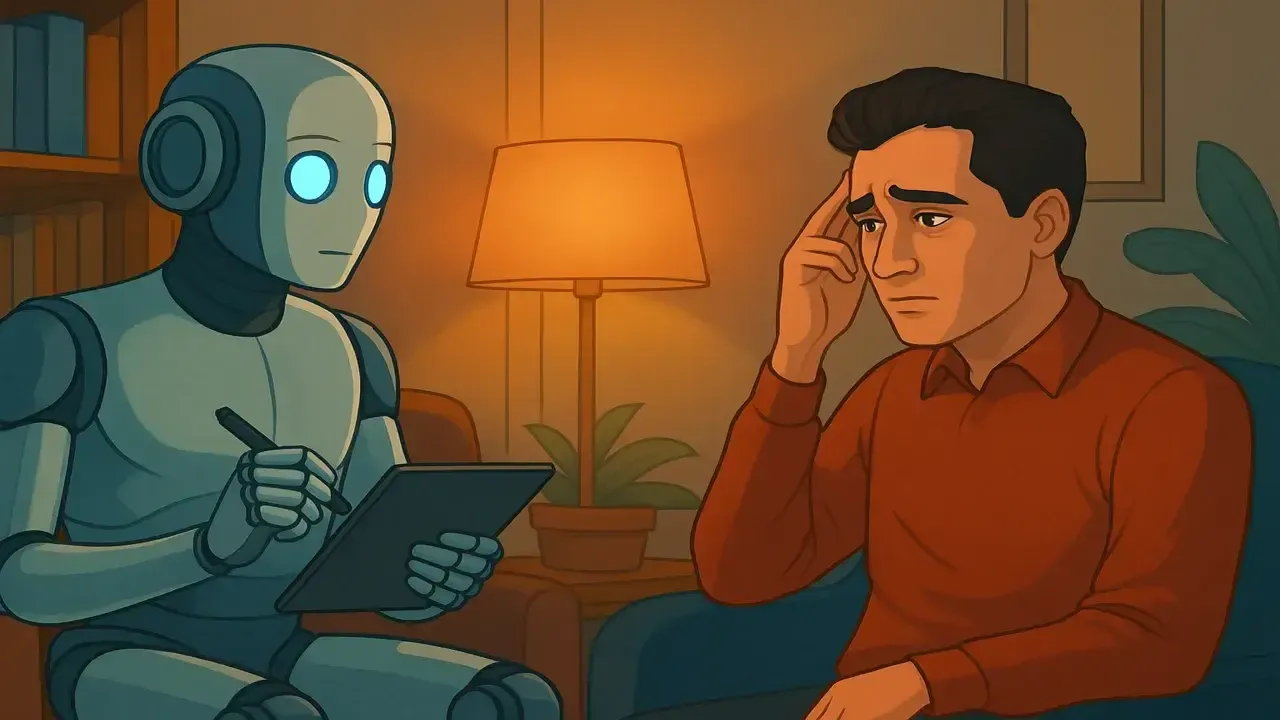 An AI robot attentively listening to a human man in a calm therapy room, representing AI surpassing humans in emotional intelligence tests.