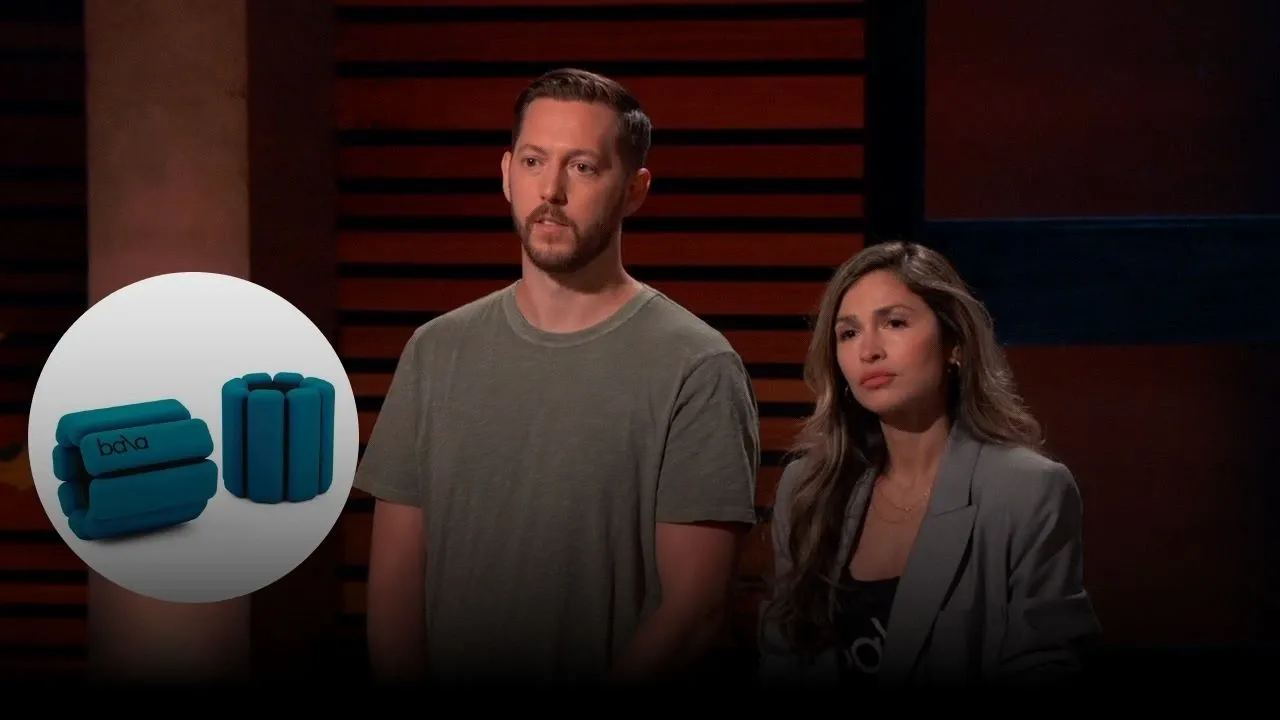 Founders of Bala Bangles pitching on Shark Tank with a product image of their wearable wrist and ankle weights