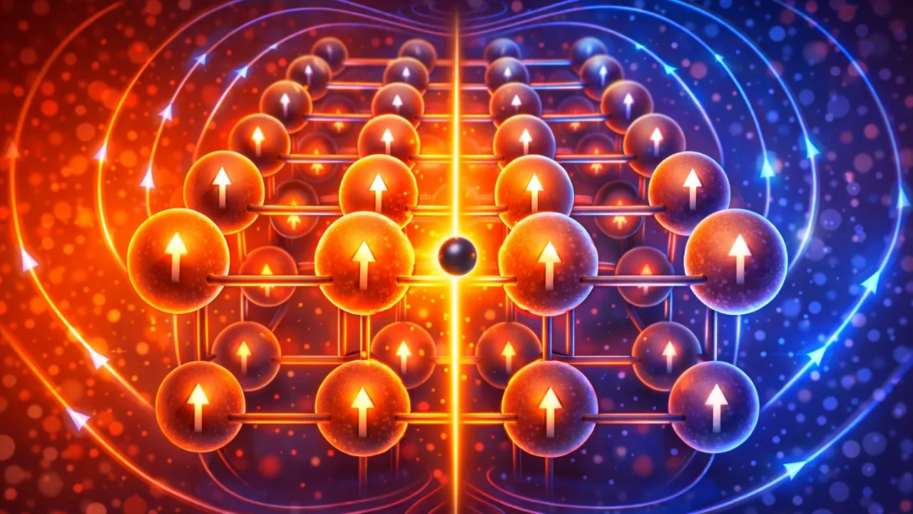 Cartoon digital illustration of an iron lattice under a magnetic field, with aligned spins slowing carbon diffusion inside steel during heat treatment.
