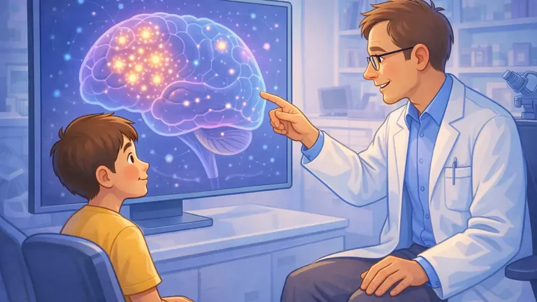 Cartoon illustration of a doctor showing a patient a glowing brain map that highlights early glial progenitor cell changes linked to brain cancer.