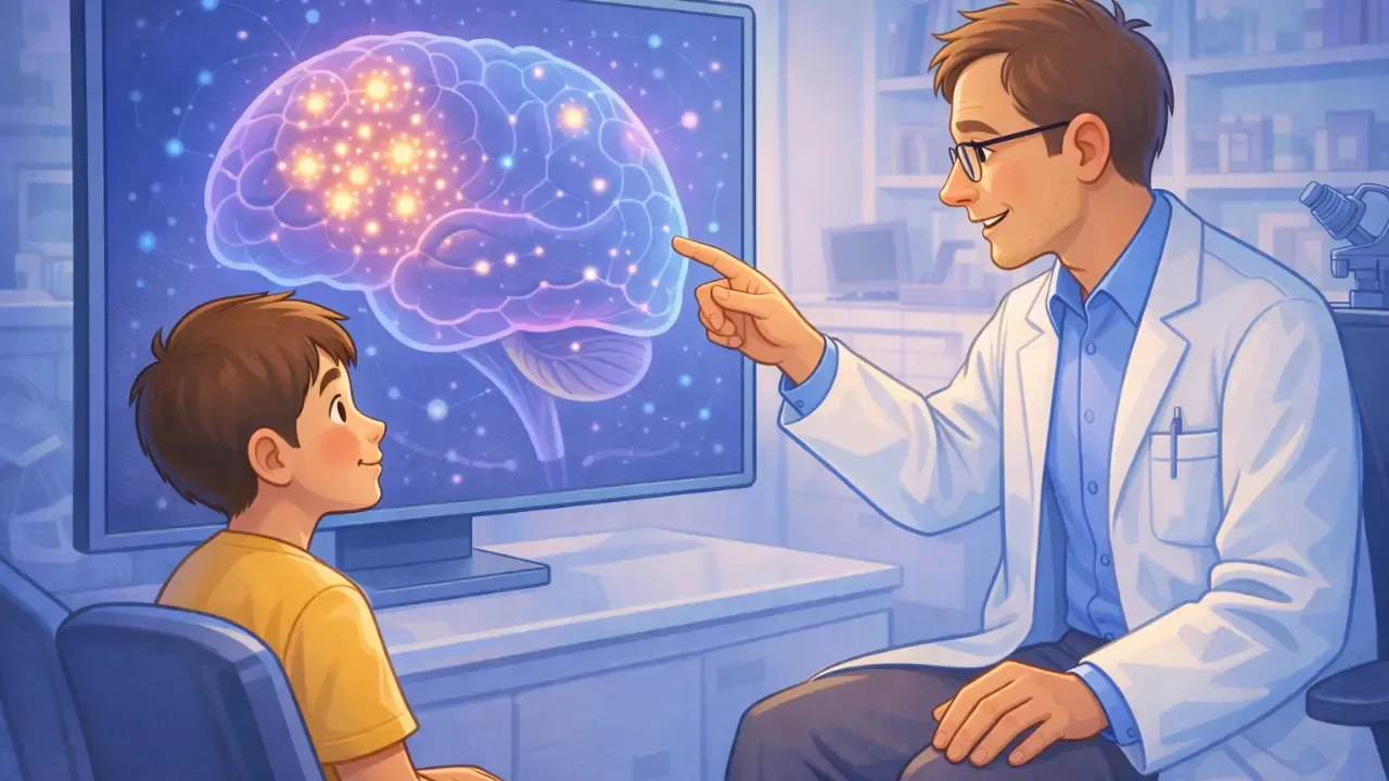 Cartoon illustration of a doctor showing a patient a glowing brain map that highlights early glial progenitor cell changes linked to brain cancer.