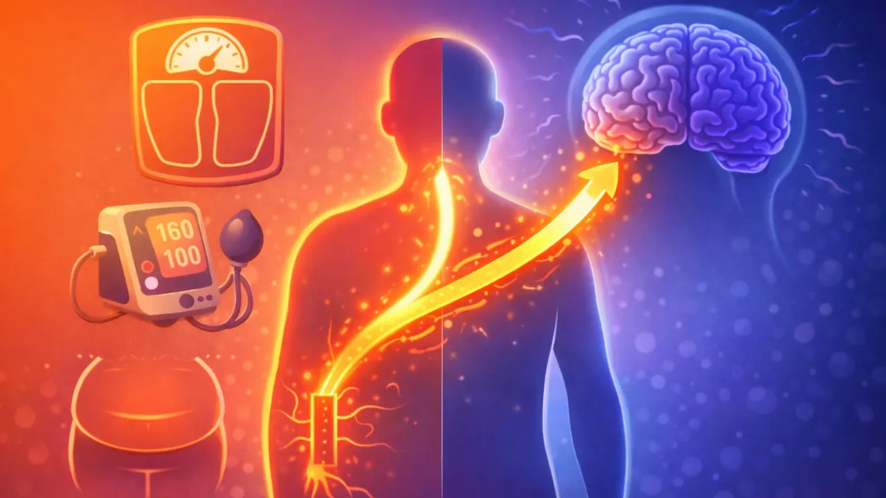 Cartoon illustration of a human body with obesity and high blood pressure icons connected to a glowing brain through stressed blood vessels, representing the causal pathway to dementia.