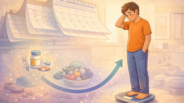 Cartoon illustration of a person on a scale showing weight loss followed by gradual regain over time, highlighting GLP-1 drug rebound.