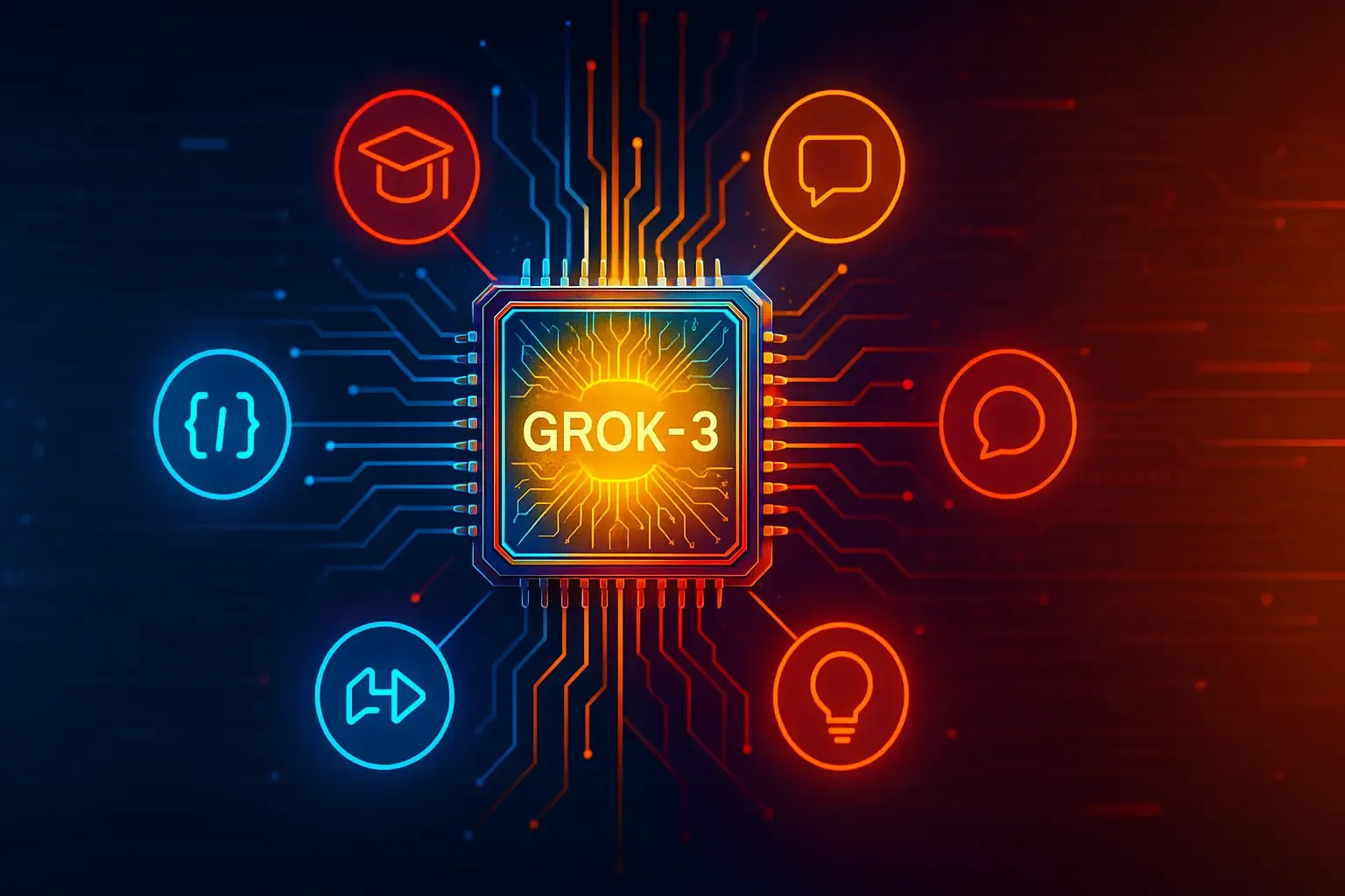 “Illustration of Grok-3 powering intelligent agents across work, learning, and creativity.”