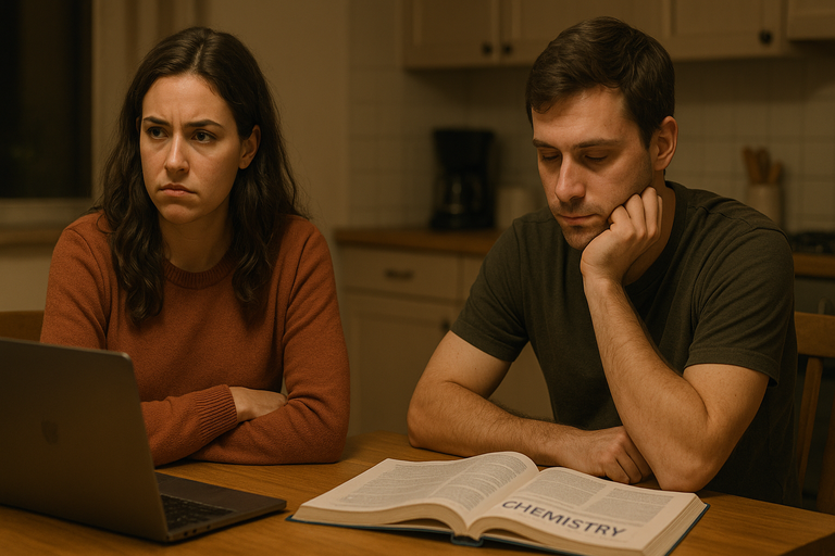 Young couple sitting at a kitchen table in tense silence, woman looking frustrated while man stares at a chemistry textbook, laptop open beside them.