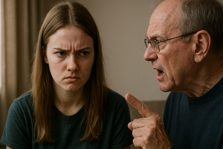 Teen girl with a tense, angry expression sits beside an older man pointing his finger at her during a heated argument.