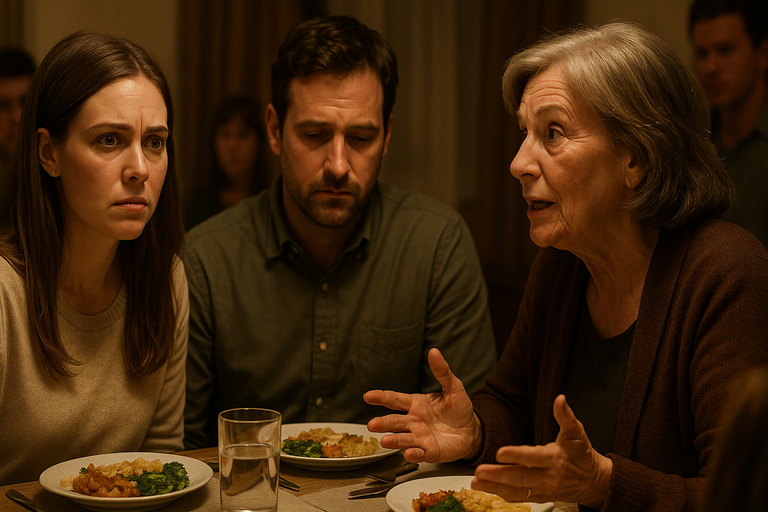 A tense family dinner scene where a young woman looks upset, a man sits uncomfortably, and an older woman speaks assertively, with plates of food on the table.