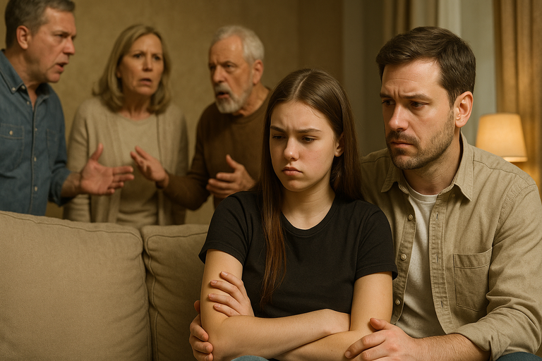 Teen girl sits upset with uncle while family argues in background.