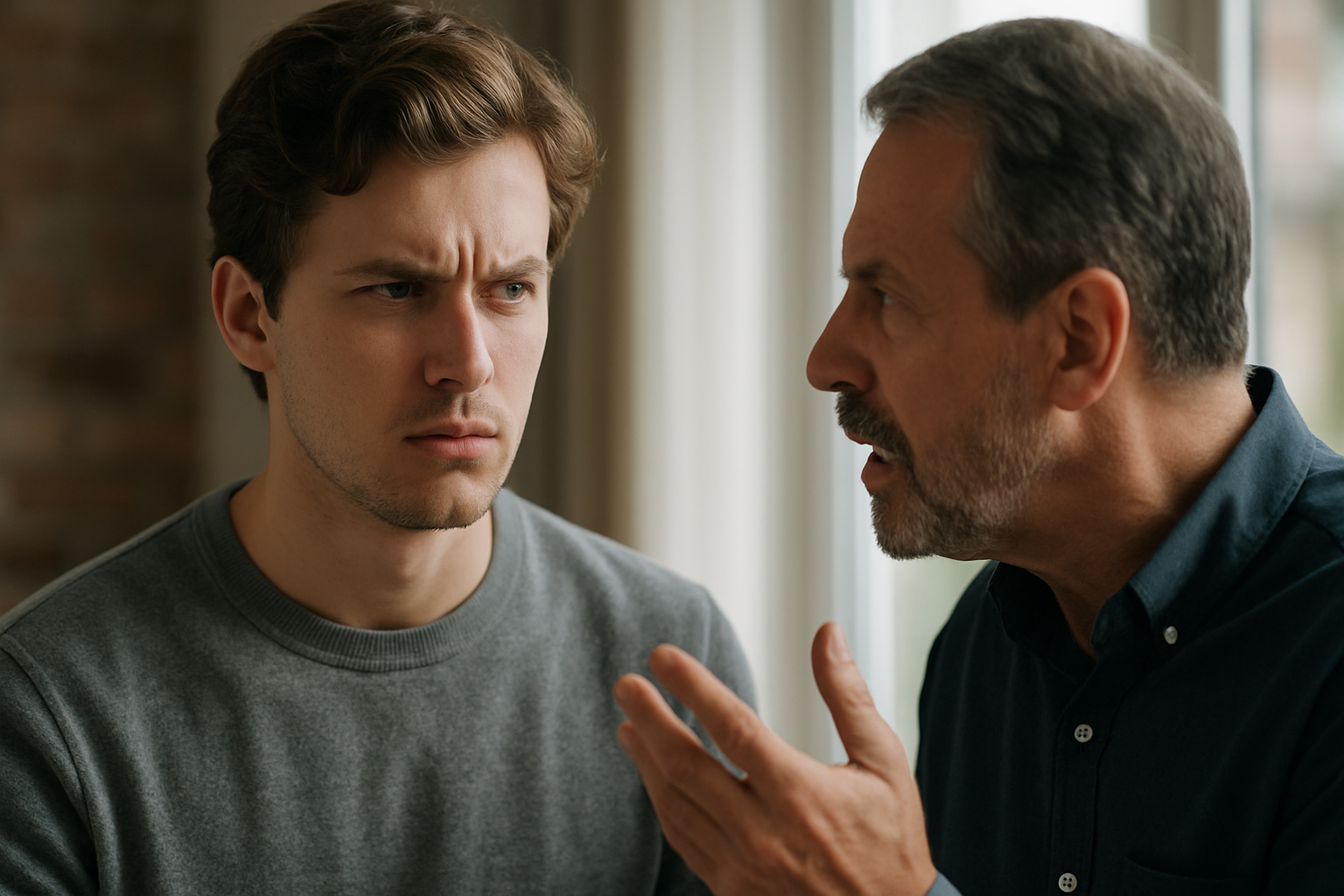 Frustrated young man arguing with older man indoors, representing family conflict and rejection.