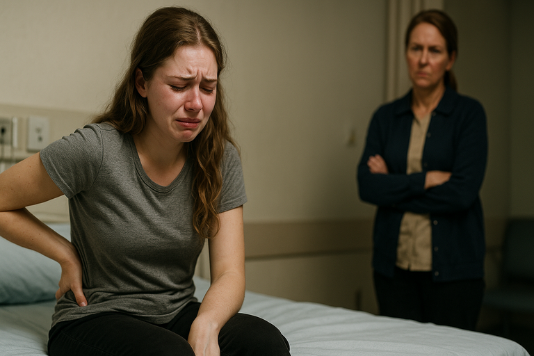 Teen girl in pain holding her back while her mother stands behind looking frustrated in a hospital room.