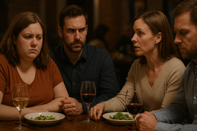 Couple looking upset at a dinner table after friend’s wife makes a hurtful comment, highlighting tension and confrontation during a meal.