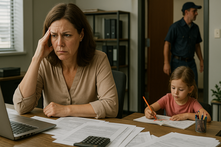Stressed woman at desk with child coloring beside her.