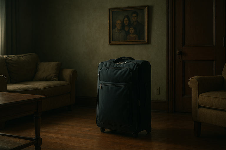 Suitcase in a dimly lit living room with a family portrait on the wall.