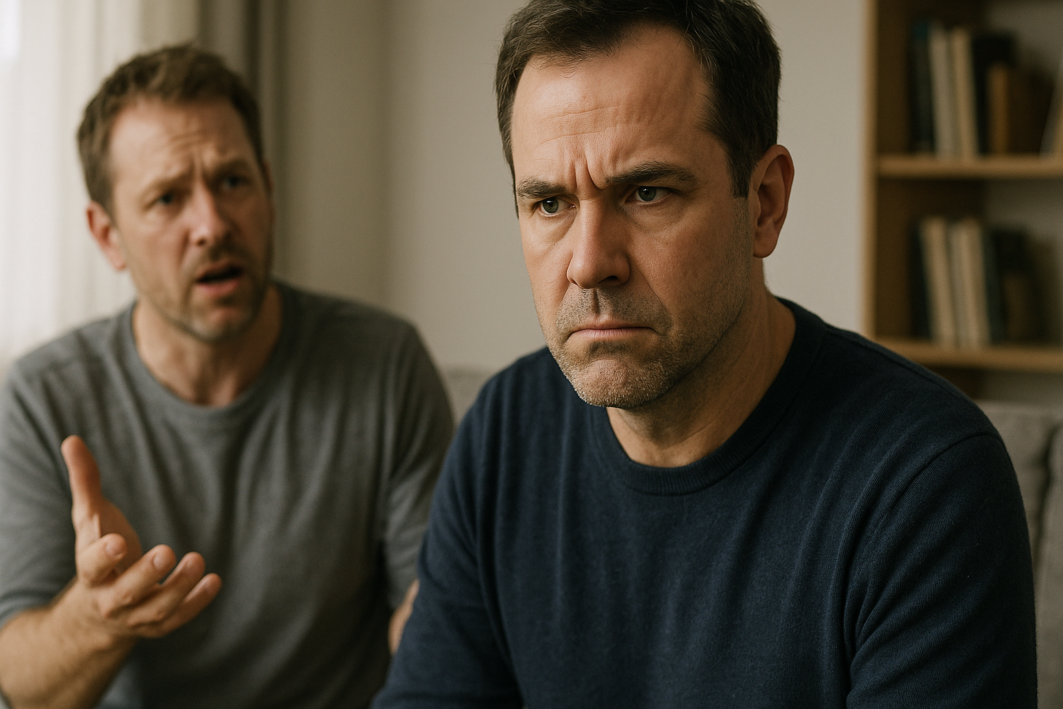 Two men arguing intensely, one pointing angrily while the other looks serious and upset.
