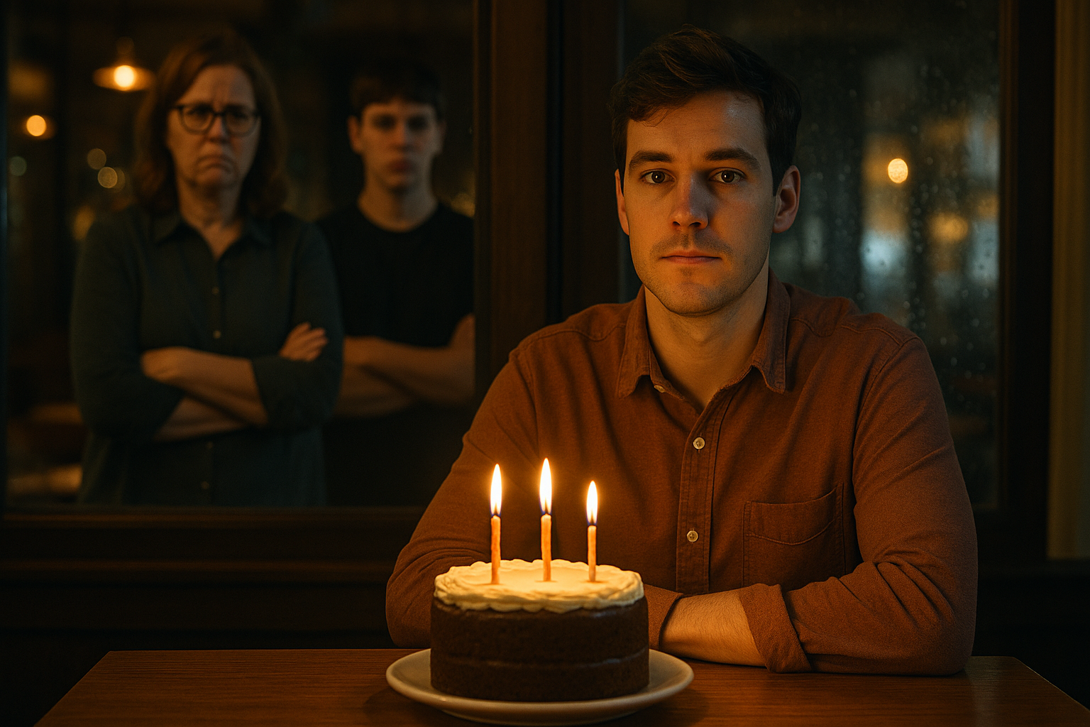 Young man celebrating birthday alone at restaurant while angry woman and teen glare through window.
