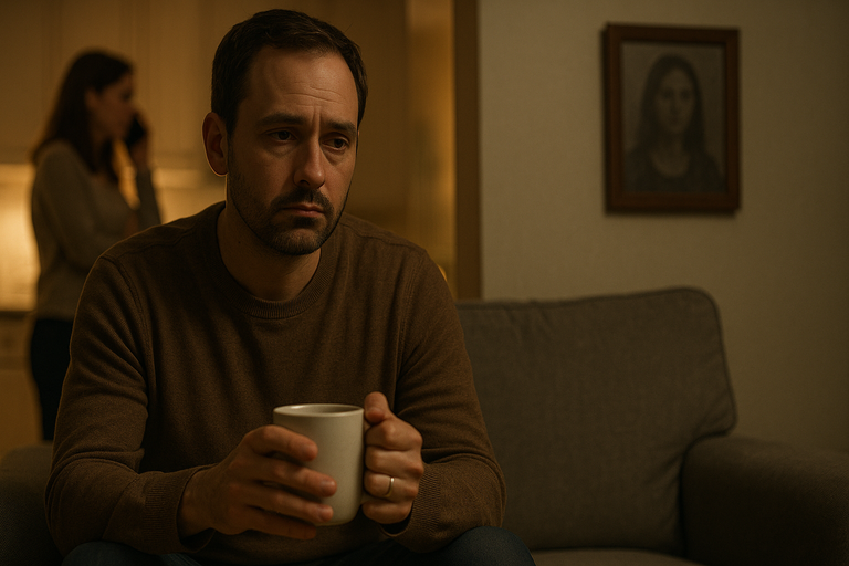 A sad man holding a coffee mug sits on a couch while his wife talks on the phone in the background, symbolizing emotional distance and marriage tension.