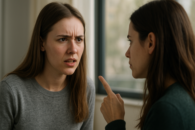 Two young women indoors, one appearing angry and the other pointing a finger, during a tense confrontation near a window with soft natural light.