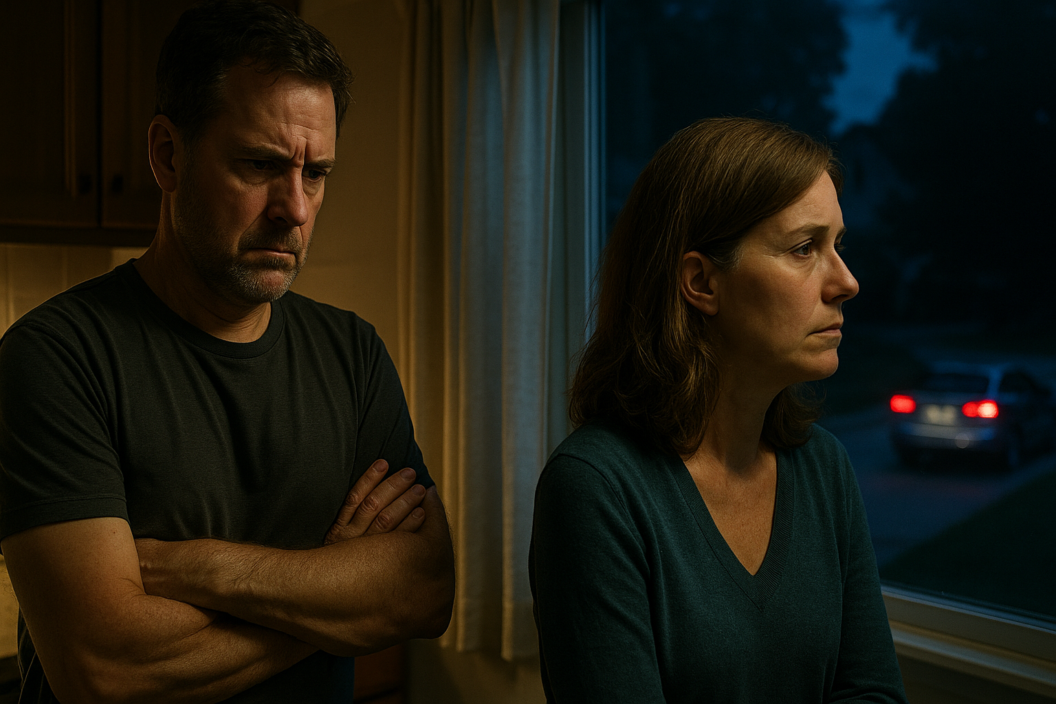 A worried mother and father standing in a kitchen at night.