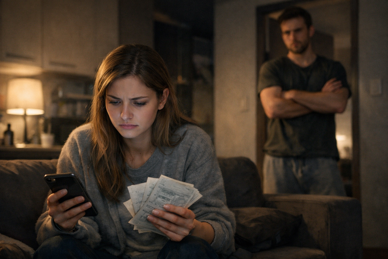 Tense moment in a dimly lit apartment