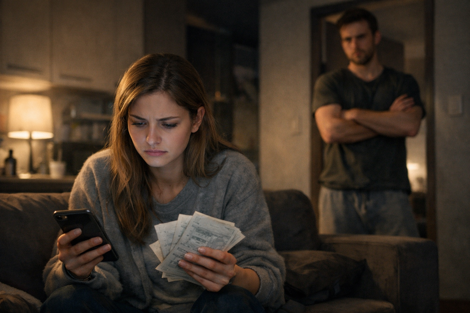 Tense moment in a dimly lit apartment