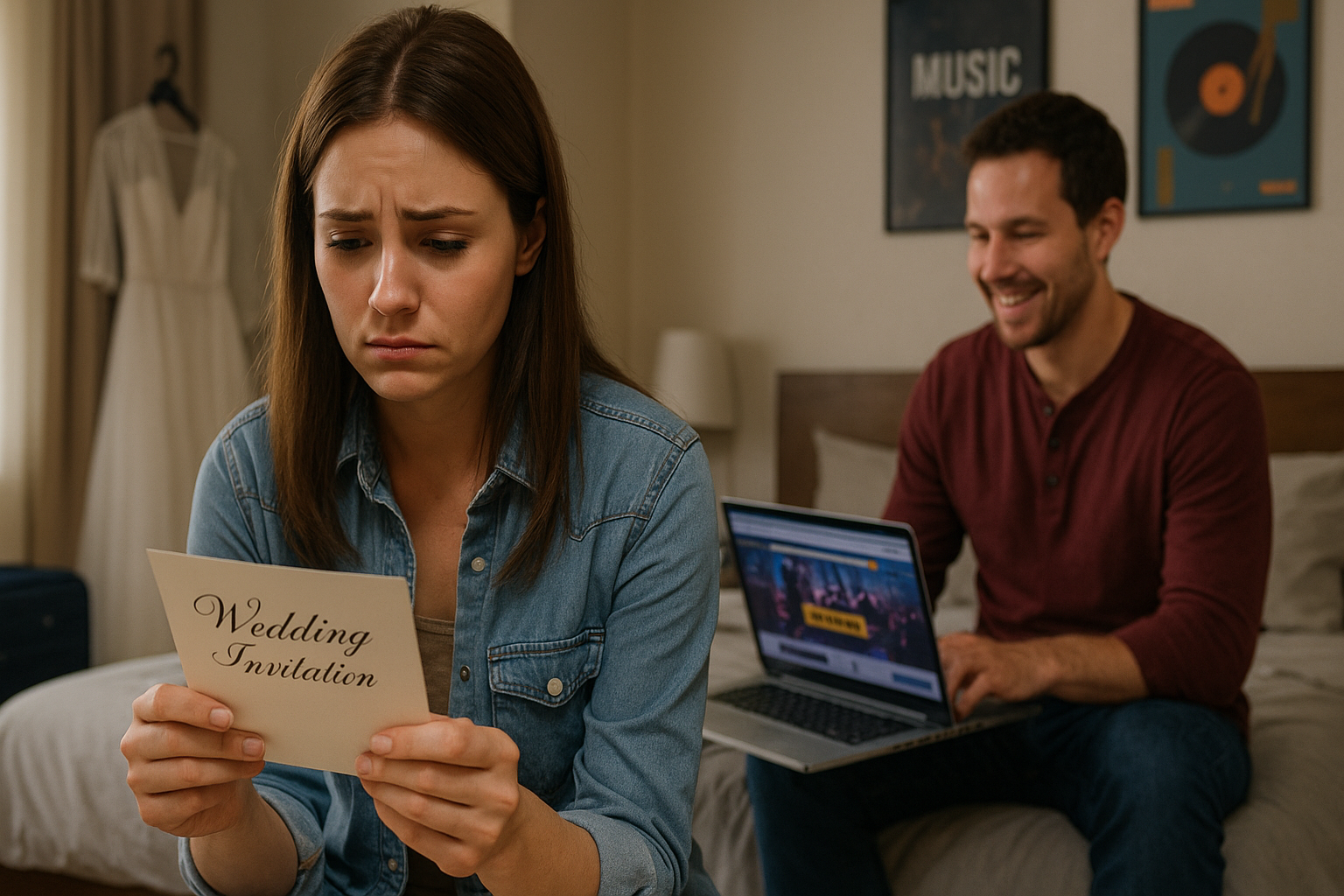 Woman looks upset holding a wedding invitation while her partner excitedly shops for concert tickets.