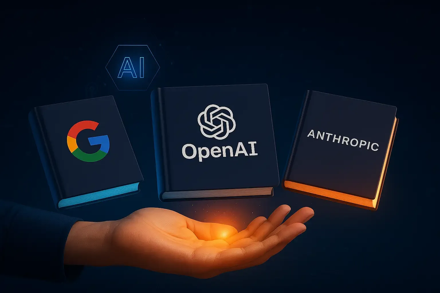 Hand holding glowing books labeled Google, OpenAI, and Anthropic with futuristic AI background, representing free AI guides.