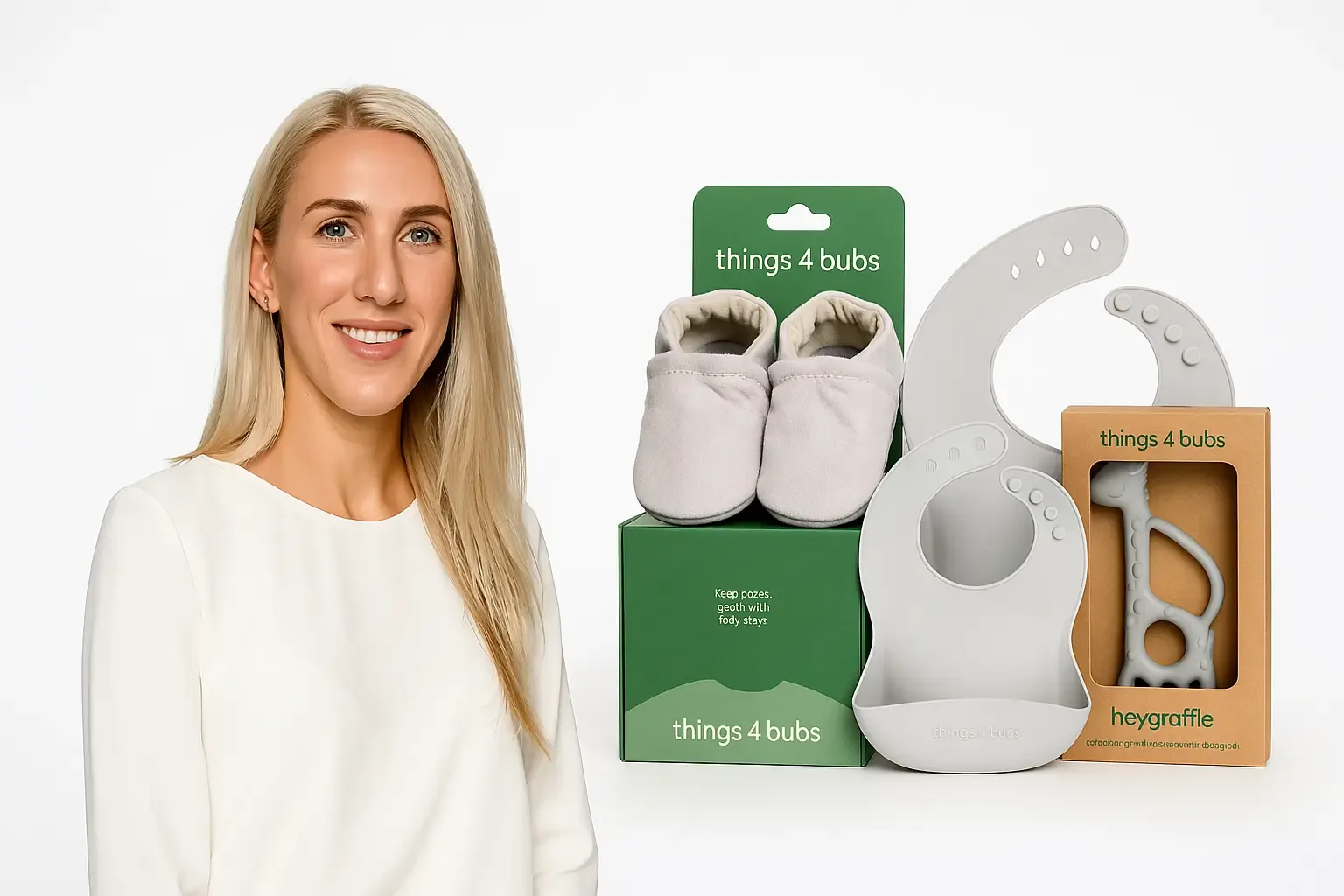 Caroline Africh, founder of Things 4 Bubs, pictured with baby bibs, teether, and shoes from the product line