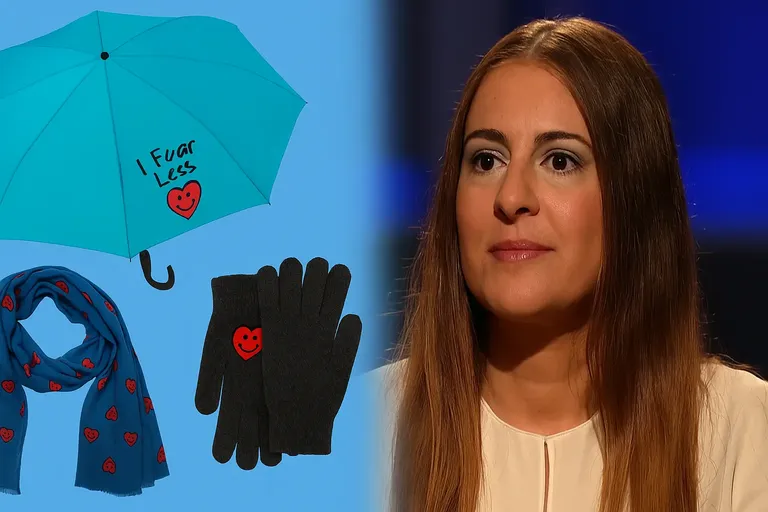 Gina Cotroneo with Soul’s Calling products including umbrella, scarf, and gloves featuring the smiling heart logo
