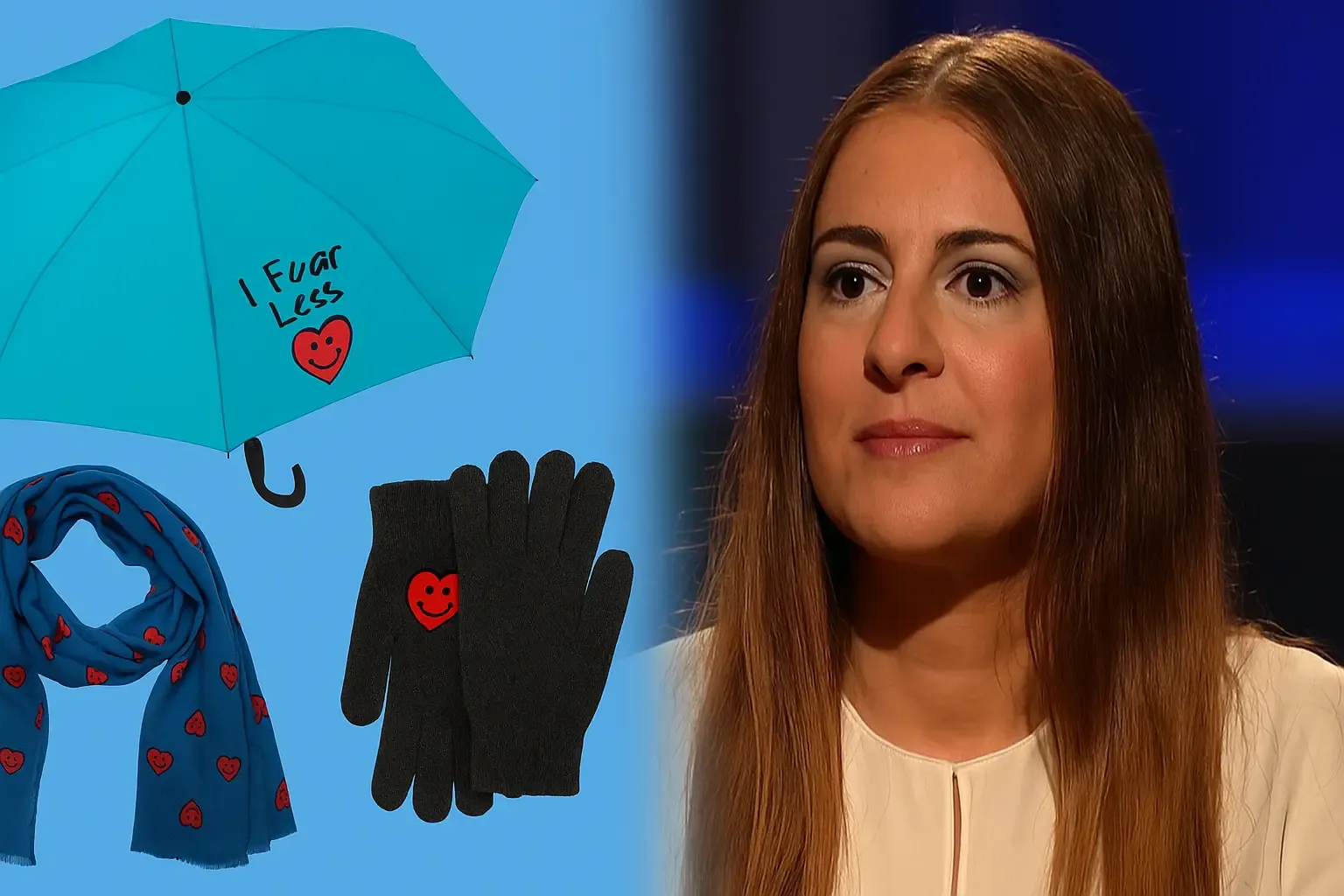 Gina Cotroneo with Soul’s Calling products including umbrella, scarf, and gloves featuring the smiling heart logo