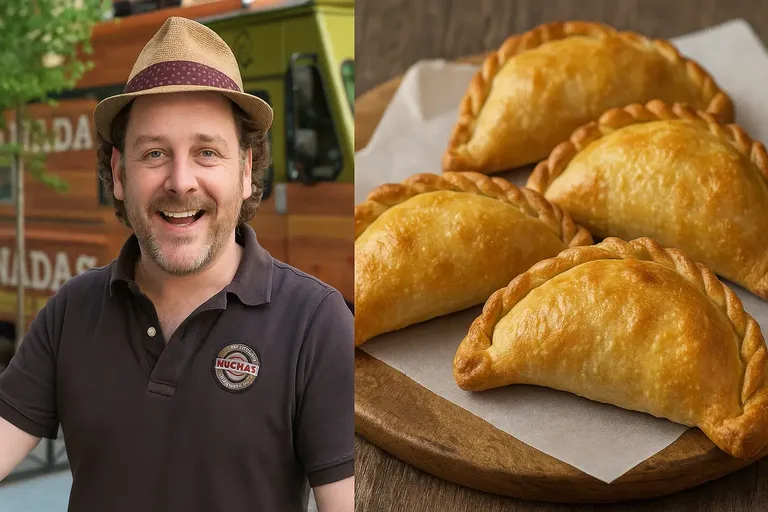 Ariel Barbouth, founder of Nuchas, smiling in front of a Nuchas empanada food truck