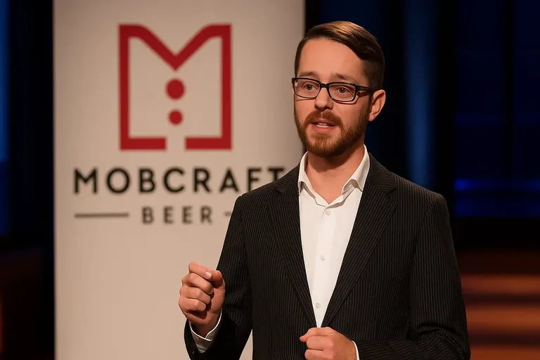 Founder of MobCraft Beer pitching on Shark Tank, representing the brand’s 2025 comeback journey