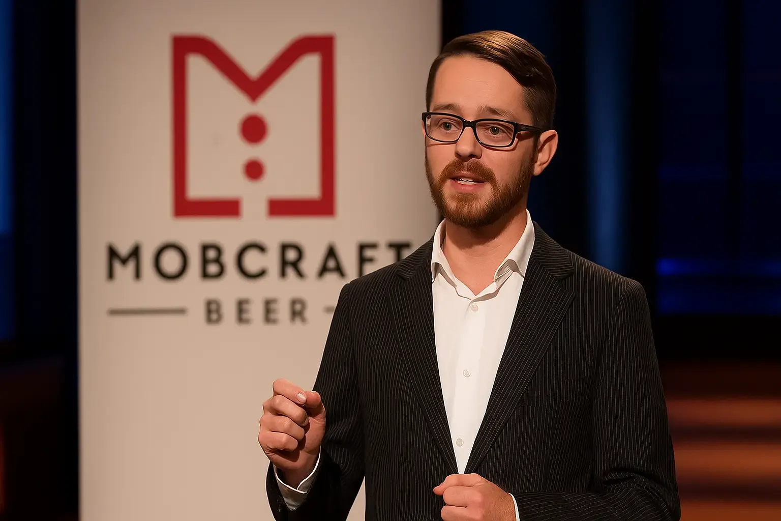 Founder of MobCraft Beer pitching on Shark Tank, representing the brand’s 2025 comeback journey