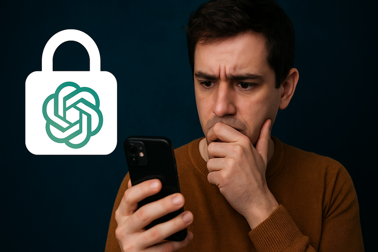 A concerned man looking at his smartphone next to a ChatGPT lock icon, symbolizing privacy concerns with ChatGPT conversations.