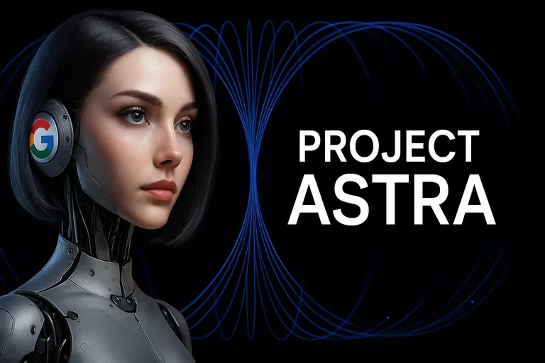 Illustration of Google's Project Astra AI assistant with humanoid robot and glowing blue data waves.