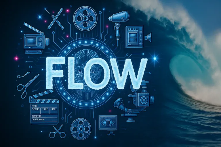 "Digital illustration of Google's Flow AI video editor combining filmmaking tools and artificial intelligence circuits with ocean wave backdrop"