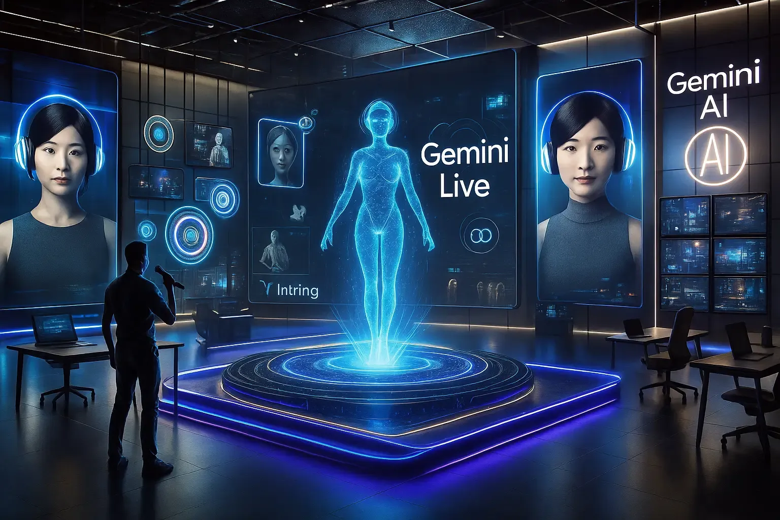 Futuristic Gemini Live control room with AI hologram and real-time voice interaction by Google
