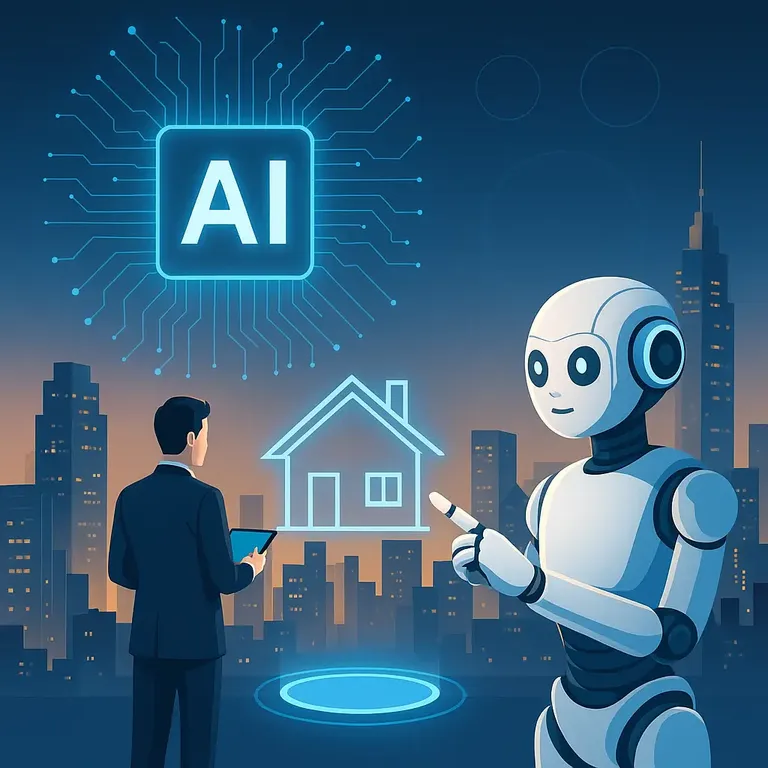 A real estate professional interacts with an AI-powered robot assistant against a smart city skyline, symbolizing automation in the real estate industry.