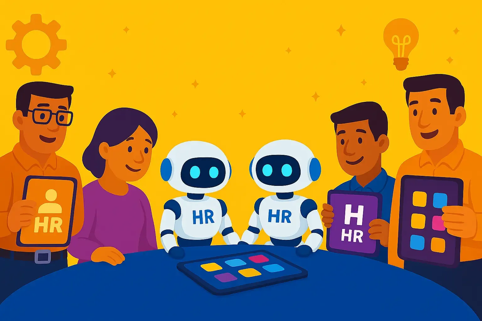 Illustration of professionals and HR robots discussing automation tools in 2025 with bold title on yellow background