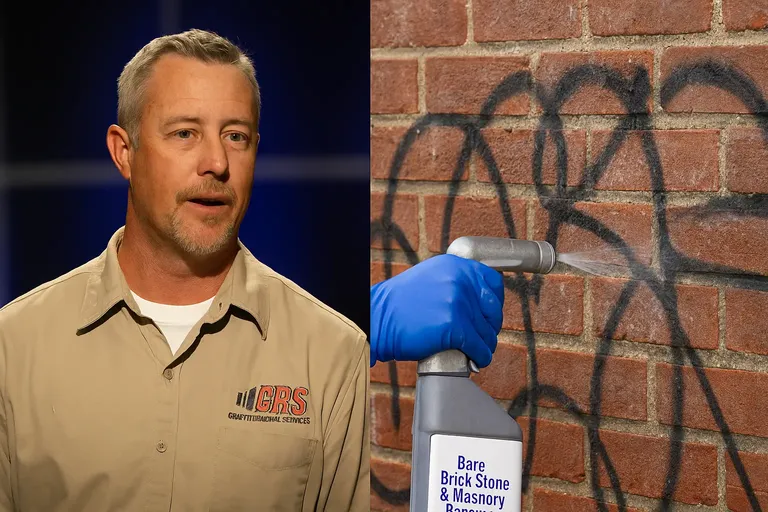 Paul Watts presenting Graffiti Removal Services on Shark Tank with product visuals and signage displays